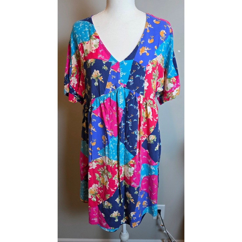 ANDREE BY UNIT Patchwork‎ Floral V Neck Babydoll Dress Womens Sz S Comfortcore